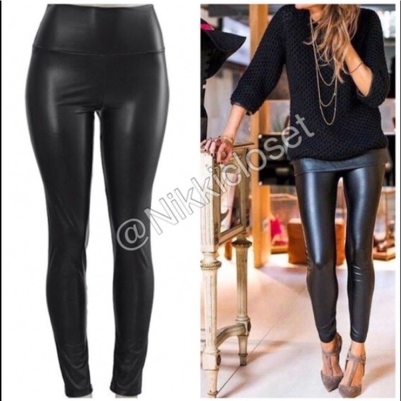 High Waist Rise Faux Vegan Leather Leggings Lined Sexy BLACK - Picture 1 of 5
